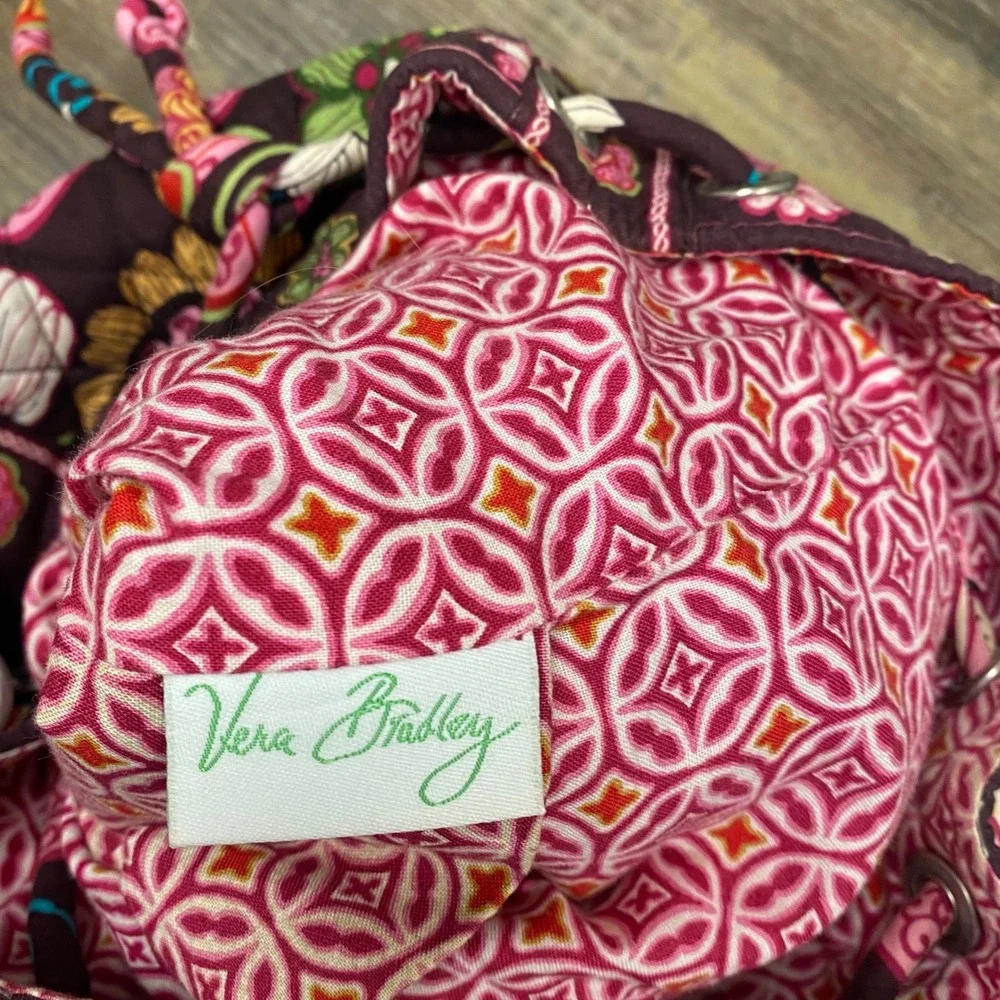 Vera Bradley Quilted Floral Pink/Brown Drawstring Backpack Bag Travel Pouch Sack